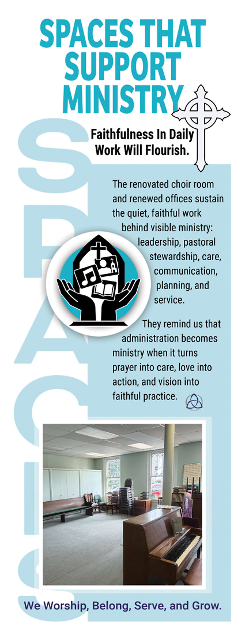 Insert panel headed Spaces That Support Ministry, on the renovated choir room and renewed offices.