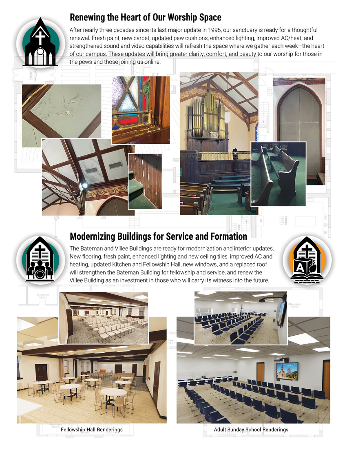 Inside spread of insert three: Renewing the Heart of Our Worship Space and Modernizing Buildings for Service and Formation, with fellowship hall and adult Sunday school renderings.