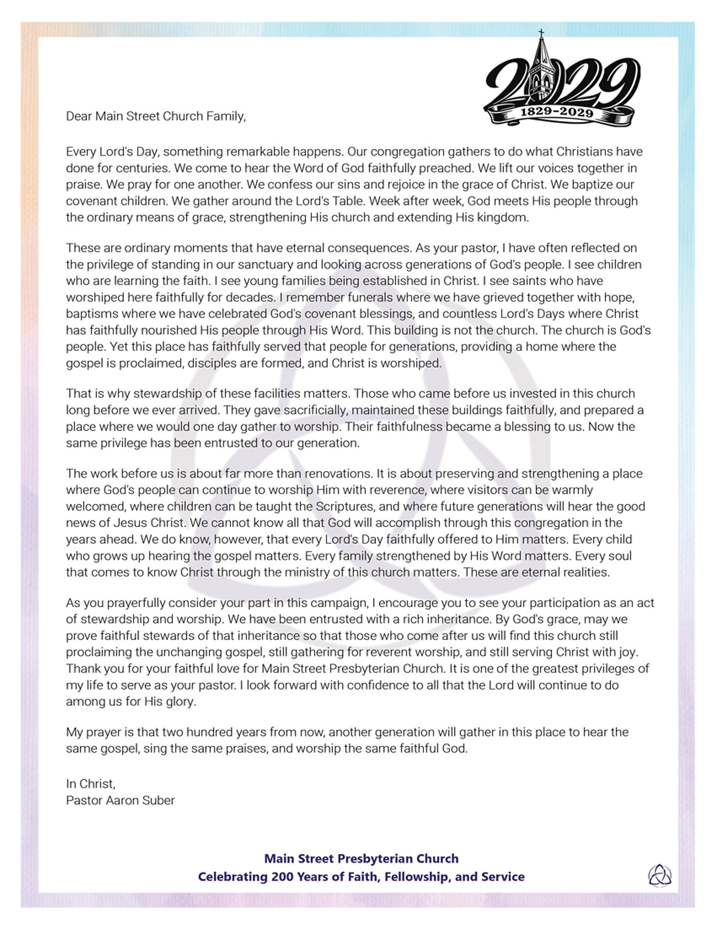 Inside spread of insert four: the pastoral letter beginning Dear Main Street Church Family, signed In Christ, Pastor Aaron Suber.
