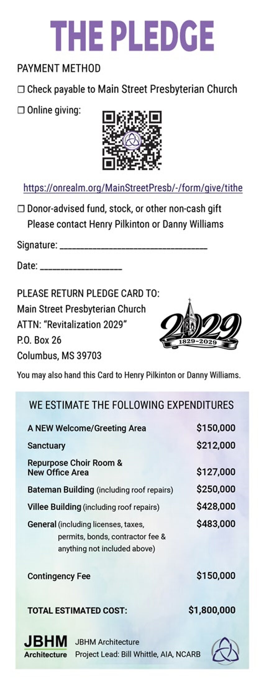 Back of the printed pledge card: The Pledge, payment methods, the estimated expenditures table, signature line, and return address.