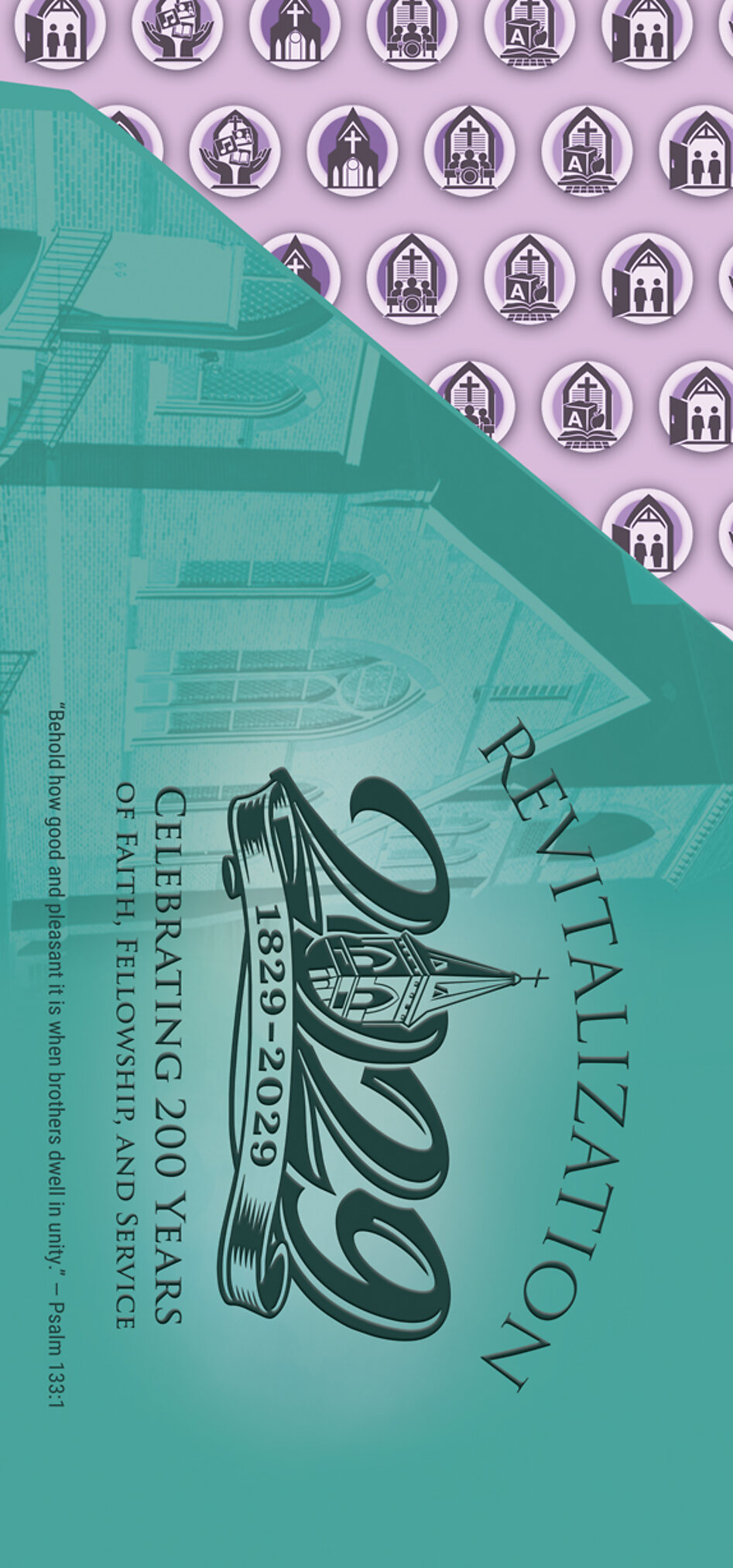 Front of the die-constructed pocket folder: the Revitalization 2029 emblem with a church steeple inside the numerals 2029, the banner 1829 to 2029, the line Celebrating 200 Years of Faith, Fellowship, and Service, and Psalm 133:1.